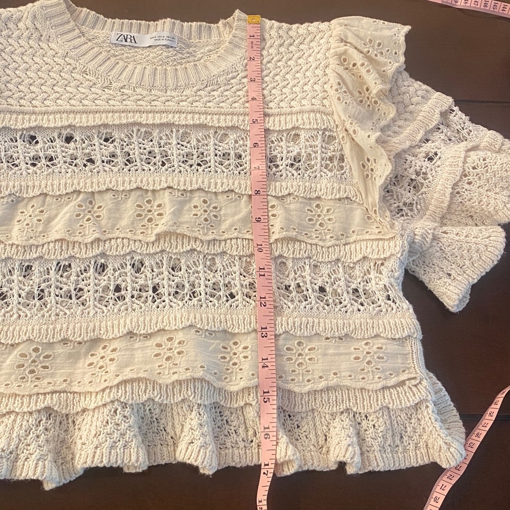 Zara Cream Lace Crochet Ruffle Boho Top Small - Picture 8 of 9